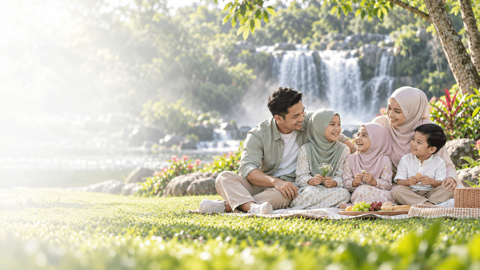 Keluarga Melayu tersenyum bersama di taman yang tenang